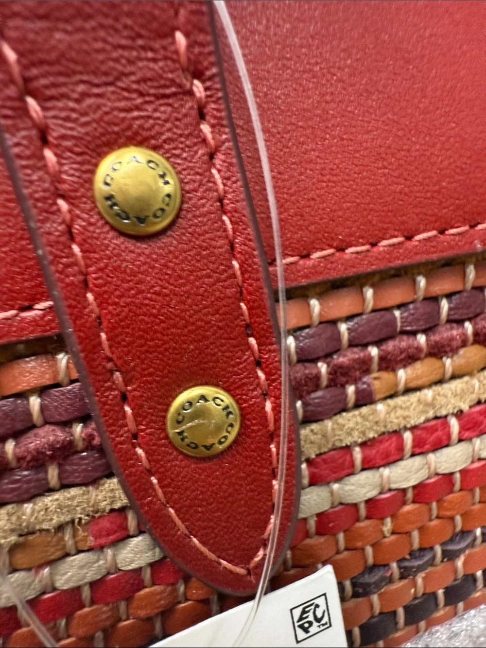 Coach Red Leather-Trim Up-Woven Stripe Tote - Picture 9 of 11